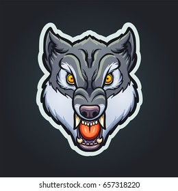 Mascota del lobo de dibujos animados. Ilustración de imágenes prediseñadas vectoriales con gradientes simples. Lobo, trazo y fondo en capas separadas.