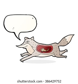 cartoon wolf with mouse in belly with speech bubble