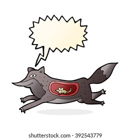 cartoon wolf with mouse in belly with speech bubble