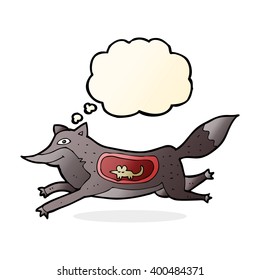 cartoon wolf with mouse in belly with thought bubble