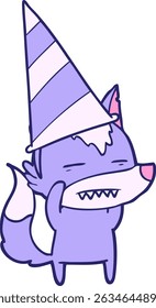 cartoon wolf in party hat in bright neon colors