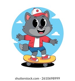 Cartoon wolf playing skateboard illustration