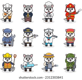 Cartoon Wolf in professional uniform. Vector set of Wolf different professions. Vector characters with jobs different occupation. Different jobs professionals. Isolated vector icon set.