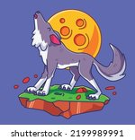 cartoon wolf roaring with moon at night. Isolated animal illustration. Flat Style Sticker Icon Premium vector