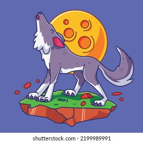 cartoon wolf roaring with moon at night. Isolated animal illustration. Flat Style Sticker Icon Premium vector