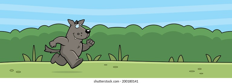 A cartoon wolf running on a seamless forest background.