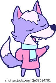 cartoon wolf in scarf laughing in bright neon colors