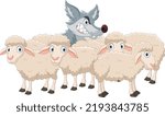 Cartoon wolf with sheep flock