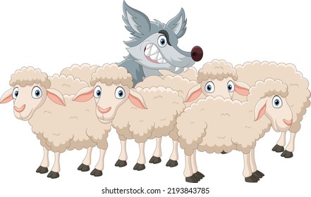 Cartoon wolf with sheep flock