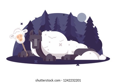 Cartoon wolf in sheeps clothing flat poster. Christian parable saying or proverb vector illustration. Humor metaphor concept. Night forest and moonlight on background