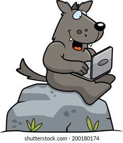 A cartoon wolf sitting on a rock with a laptop computer.