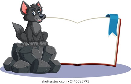Lobo de dibujos animados sentado en las rocas con un libro