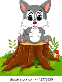 Cartoon wolf sitting on tree stump