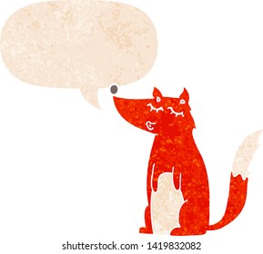 lobo de dibujos animados con burbuja de habla en un estilo retro angustiado con texturas estrafalarias