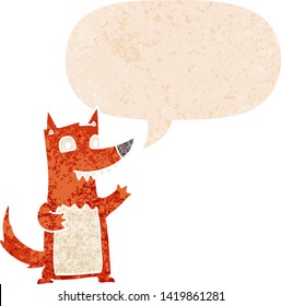 lobo de dibujos animados con burbuja de habla en un estilo retro angustiado con texturas estrafalarias