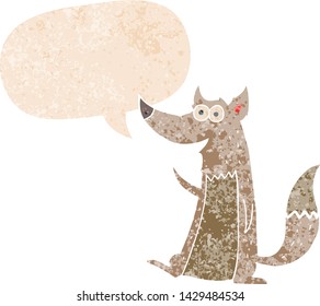 cartoon wolf with speech bubble in grunge distressed retro textured style