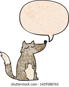 cartoon wolf with speech bubble in retro texture style