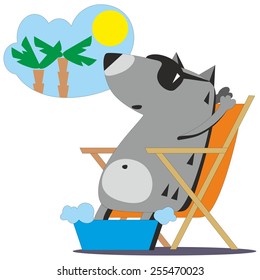 Cartoon wolf in sunglasses sitting on deckchair and dreaming about summer vacation isolated on white background, vector illustration 04