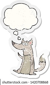 cartoon wolf with thought bubble as a distressed worn sticker