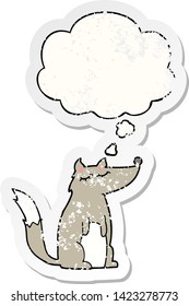 cartoon wolf with thought bubble as a distressed worn sticker