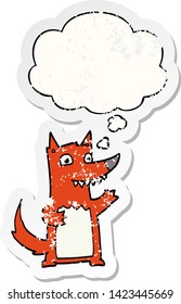 cartoon wolf with thought bubble as a distressed worn sticker