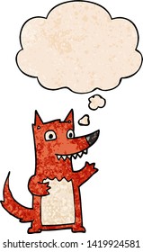 cartoon wolf with thought bubble in grunge texture style