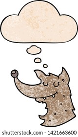 cartoon wolf with thought bubble in grunge texture style