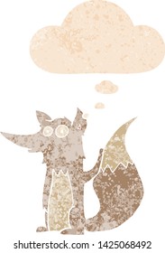lobo de dibujos animados con burbuja de pensamiento en un estilo retro angustiado y con texturas estrafalarias
