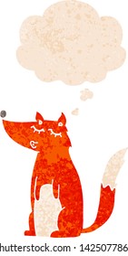 cartoon wolf with thought bubble in grunge distressed retro textured style