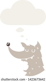 cartoon wolf with thought bubble in retro style