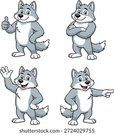 Cartoon Wolf Daumen hoch, Cartoon Wolf Arm gekreuzt, Cartoon Wolf winkend, Cartoon Wolf zeigend