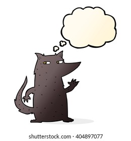 cartoon wolf waving with thought bubble