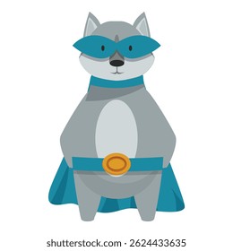Cartoon wolf wearing superhero costume with blue mask and cape, standing confidently with hands on hips