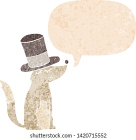 cartoon wolf whistling wearing top hat with speech bubble in grunge distressed retro textured style