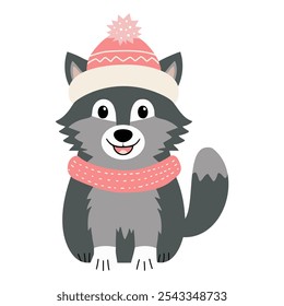 Cartoon Wolf in Winterkleidung. Illustration mit handgezeichneten Doodle Wolf. Dick bekleidetes Haustier. 