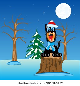 Cartoon of the wolf in winter in wood sitting on stump