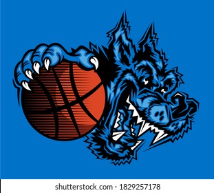 cartoon wolves basketball mascot holding ball for school, college or league