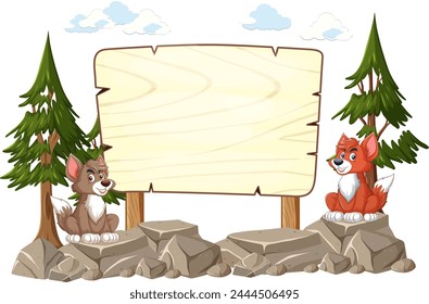 Cartoon wolves by a wooden sign in the woods