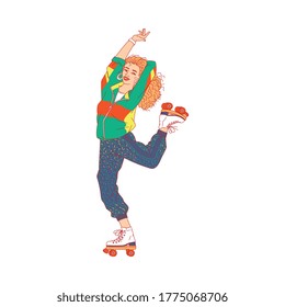 Cartoon Woman In 80s Disco Style Fashion Skating In Rollerblades And Dancing Isolated On White Background. Retro Fashion Drawing - Flat Vector Illustration.