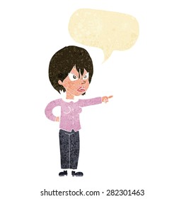 cartoon woman accusing with speech bubble