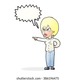 mujer caricaturista acusando con burbuja de discursos