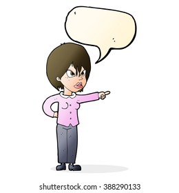 cartoon woman accusing with speech bubble