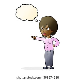 cartoon woman accusing with thought bubble