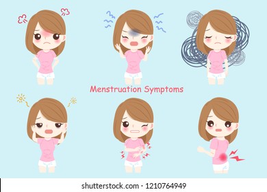 cartoon woman with all kinds of Menstruation Symptoms