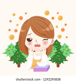 cartoon woman allergy with hay fever concept on the blue background