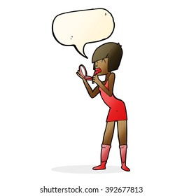 cartoon woman applying lipstick with speech bubble