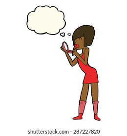cartoon woman applying lipstick with thought bubble