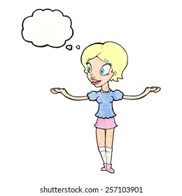 cartoon woman with arms spread wide with thought bubble