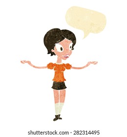 cartoon woman with arms spread wide with speech bubble