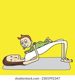 A cartoon of a woman with a baby doing a yoga bridge pose